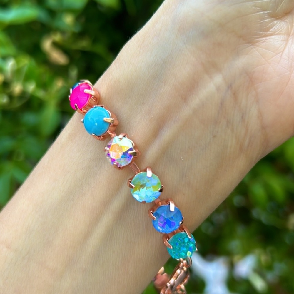 Sapphire Aurora Borealis + Fuchsia Hot Pink “Lillie” Crystal Tennis Bracelet - Picture 2 of 14